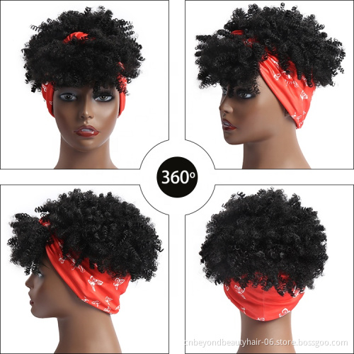 Afro Kinky Curly Hair Banged Headband Wig Short Kinky Curly Headband Wig Afro Puff Head-Wrap Wigs